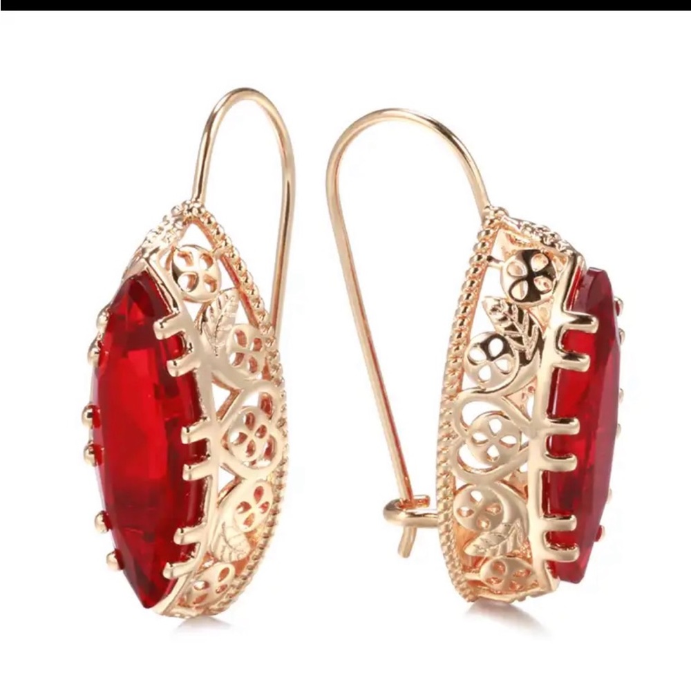 Radiant Red and Gold Filigree Drop Earrings